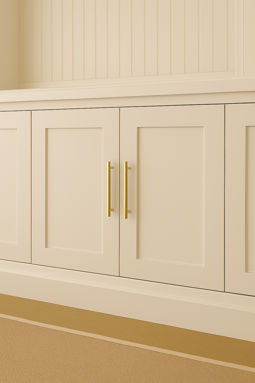 A close-up view of the lower cabinet section of a custom-built white entertainment center, featuring four paneled doors with long gold handles, set against a neutral-toned wall and wood flooring.