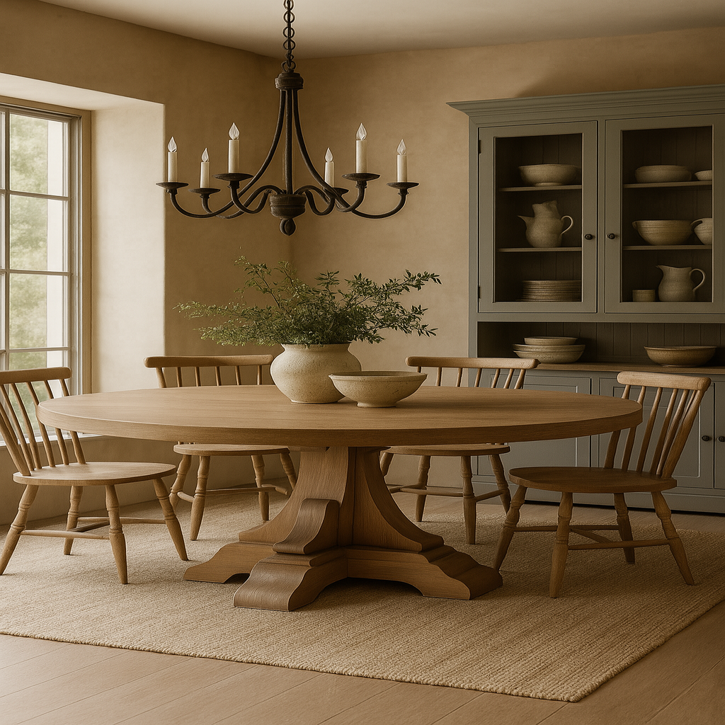 Round solid wood pedestal dining table in a rustic luxury kitchen with spindle-back chairs, natural light, and neutral decor. Handmade furniture by Rustic 9.