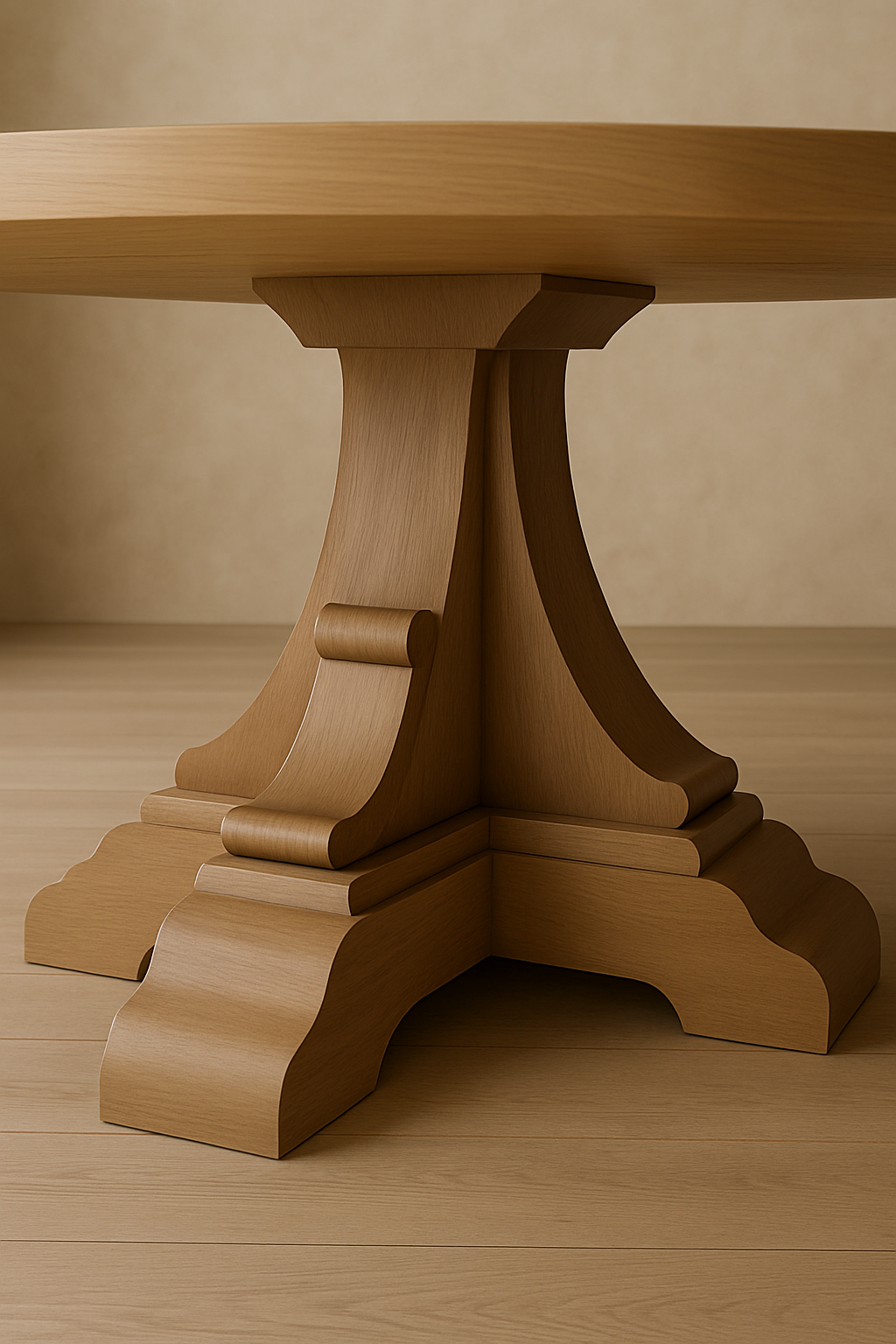 Detailed close-up of a handcrafted oak pedestal base featuring elegant scrollwork and layered foot design, set on a light wood floor in a Rustic 9-inspired space.