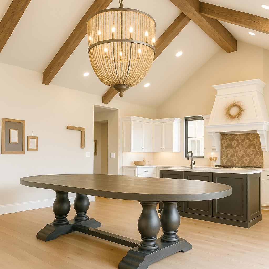 Luxury oval pedestal dining table in a bright farmhouse kitchen with vaulted ceilings, exposed wood beams, a large beaded chandelier, and custom cabinetry. Features a handcrafted black base and solid wood top, perfect for high-end rustic or European-style interiors.