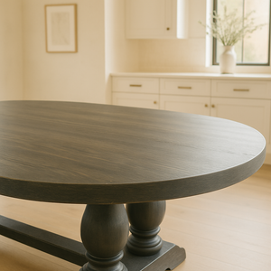 Close-up of a dark-stained oval wood dining table top with visible grain texture, paired with sculpted pedestal legs. Styled in a bright farmhouse kitchen with white cabinetry and natural light.