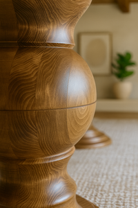 Close-up of the hand-turned pedestal base of the Evora Dining Table in Hard Maple, showcasing rich wood grain detail and smooth craftsmanship in a refined modern rustic setting.
