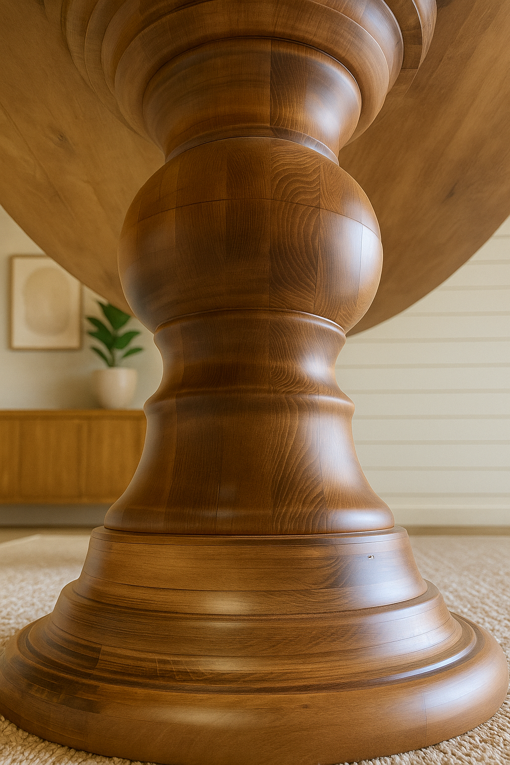 Close-up of the sculpted pedestal base of the Evora Dining Table, handcrafted in Hard Maple with a natural finish, highlighting the smooth curves and fine wood grain in a modern rustic interior.