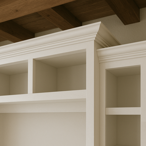 Detailed view of upper shelving and crown molding on the Magnolia Grove Entertainment Center, featuring clean lines, handcrafted trim, and a modern rustic beam ceiling.