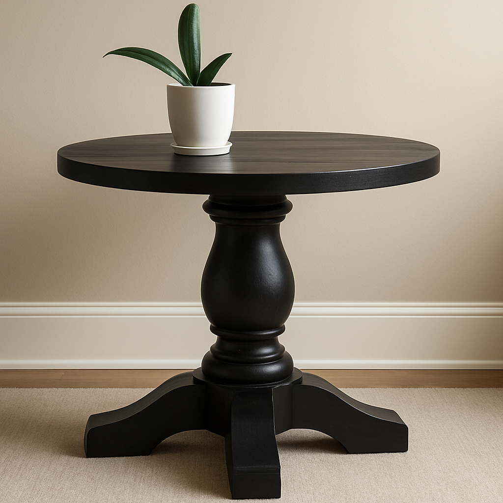 Handcrafted black round pedestal accent table with sculpted wood base, perfect for modern farmhouse or traditional interiors, shown with plant decor in warm, well-lit room.
