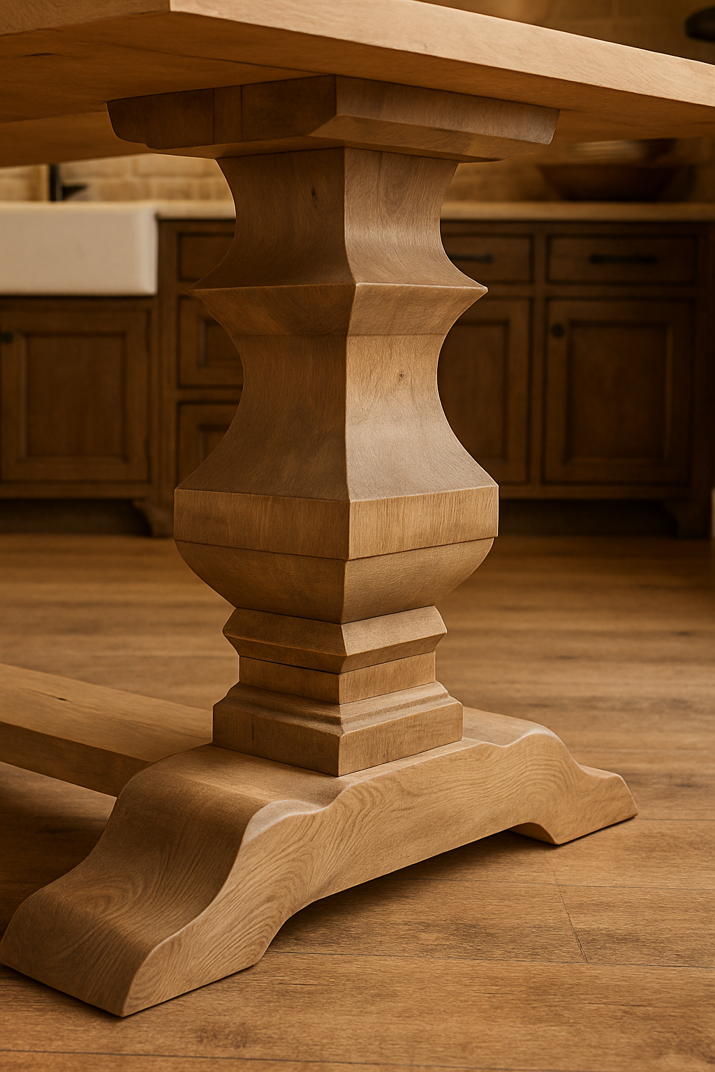 Detailed close-up of a handcrafted wooden pedestal base on a rustic trestle dining table, set against warm wood flooring and cabinetry in a high-end kitchen setting.