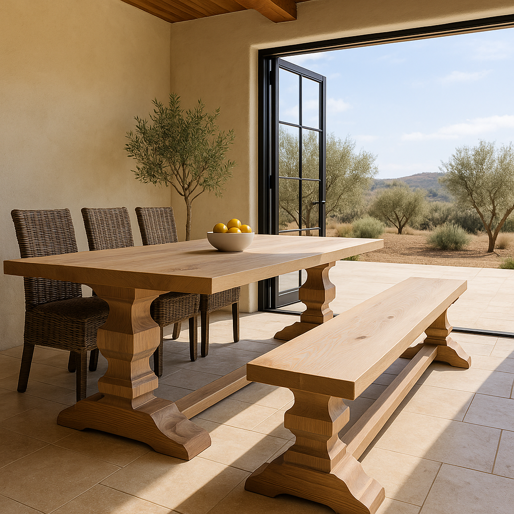 The Cordova Set – handcrafted trestle dining table with matching bench in solid wood, styled in a California room with rustic luxury décor.