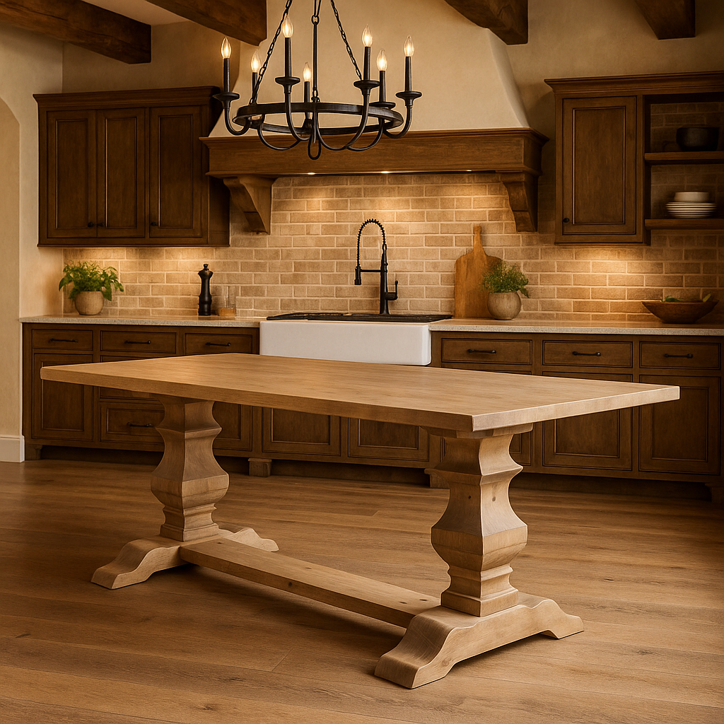 Rectangular rustic dining table with carved pedestal base in a bright luxury kitchen featuring arched windows, exposed wood beams, wrought iron chandeliers, and a stone-topped island with bar stools.