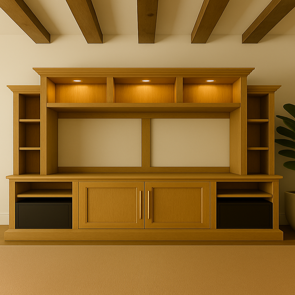 A front-facing view of a custom-built solid white oak entertainment center featuring three evenly divided lighted top display compartments, exposed wood ceiling beams, symmetrical side shelving, central space for a television, and lower shaker-style cabinetry with integrated subwoofer enclosures. Warm ambient lighting highlights the craftsmanship and natural wood grain throughout.