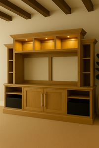 Angled view of a custom-built white oak entertainment center with crown molding details, three evenly divided lighted top display compartments, open side shelving, central TV space, and shaker-style lower cabinetry. The unit features integrated subwoofer enclosures and sits beneath exposed wood ceiling beams, complementing the warm-toned carpeted floor.