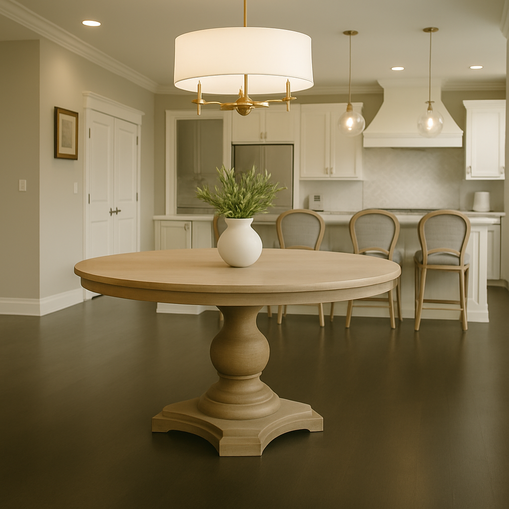 The Sequoia Table — round pedestal dining table in light natural wood, centered in a luxury open-concept kitchen with a white island, cane-back barstools, shaker cabinets, and elegant pendant lighting — perfect for high-end modern farmhouse interiors.