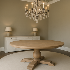Side angle of solid ash round pedestal dining table handcrafted by Rustic 9, featuring sculpted wood base and beveled top, styled beneath a luxury crystal chandelier in a neutral-toned designer dining room.