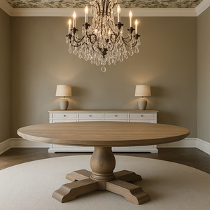 Luxury solid ash round pedestal dining table with sculpted wood base, handcrafted by Rustic 9, shown in an elegant neutral dining room with crystal chandelier and white sideboard.