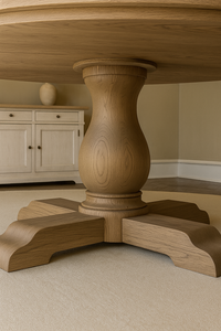 Close-up of sculpted solid ash pedestal base on luxury round dining table by Rustic 9, showcasing handcrafted wood grain and elegant curved foot design.